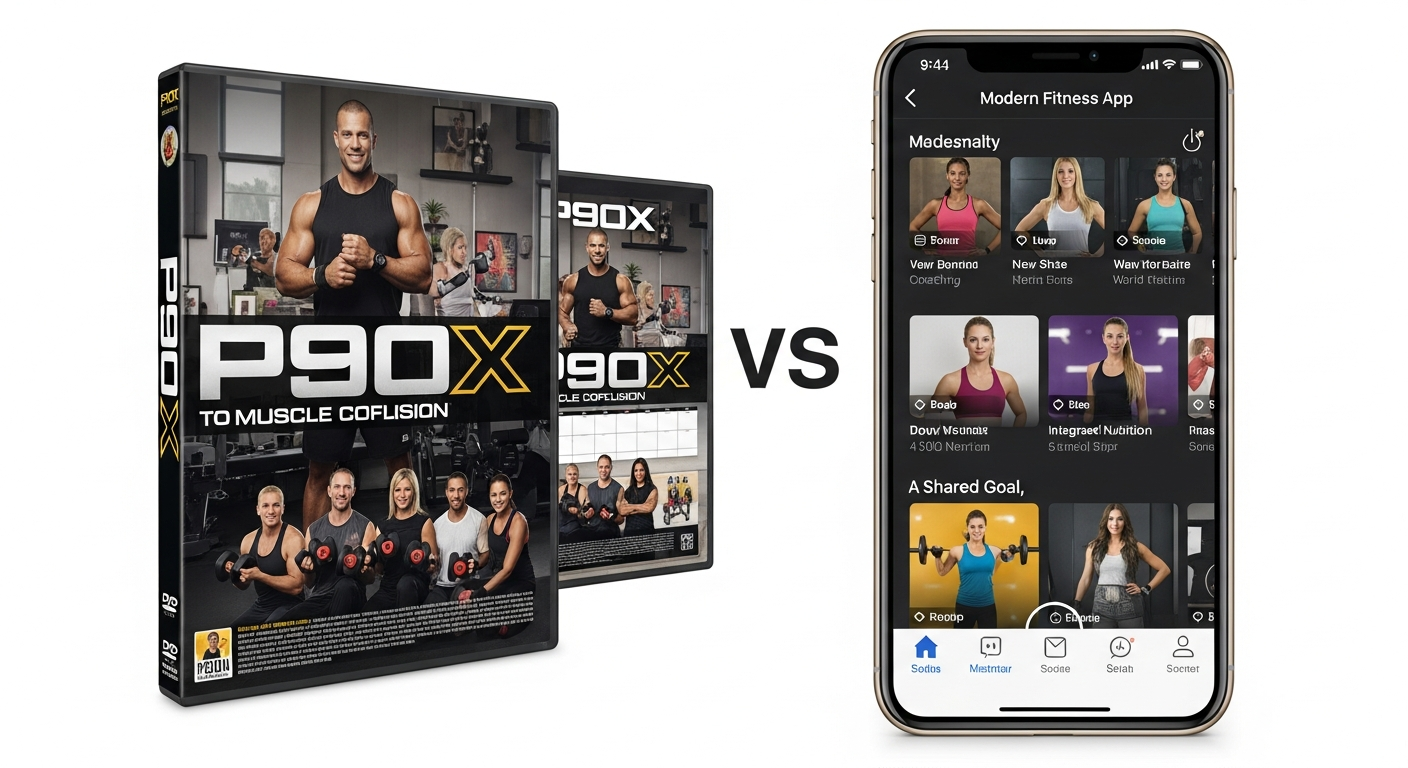 A split image showing a classic P90X DVD case on one side and a modern fitness app on a smartphone on the other.