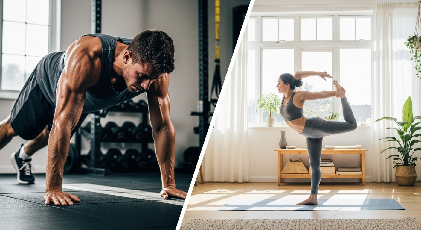 A dynamic composition showcasing two contrasting fitness scenes. On one side, an athletic individual pushes through an intense, P90X-style calisthenics workout in a slightly gritty, home gym environment, sweat visible and muscles strained, conveying raw effort and a dated aesthetic. Opposite, a pers