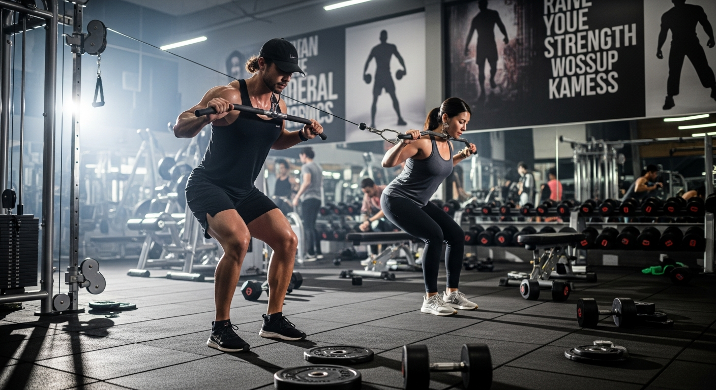 A dynamic photographic image set in a modern gym, showcasing two focused individuals engaged in a challenging push-pull routine. One person intensely performs a heavy barbell press or squat, their muscles strained as they push against significant weight, clearly demonstrating progressive overload. I