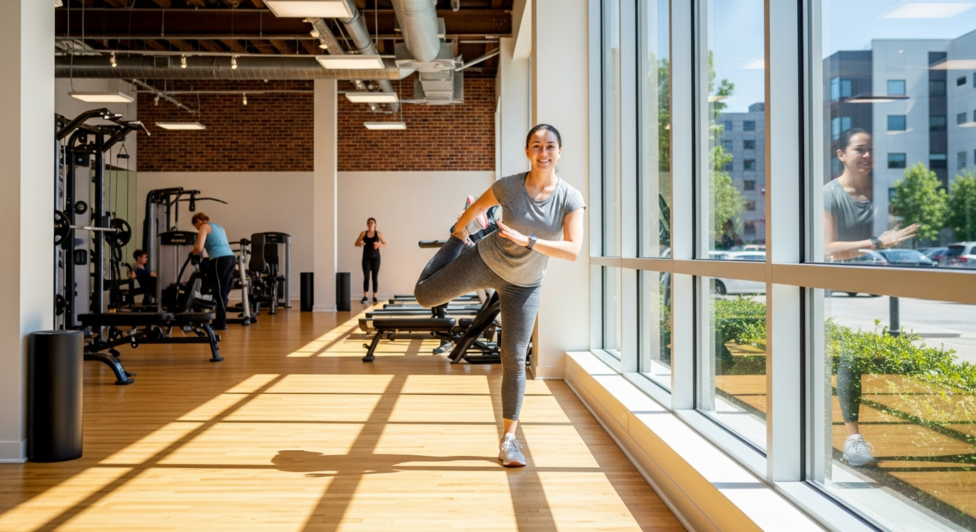 A person with a gentle, content smile performing a graceful leg stretch in a spacious, well-lit fitness center. The individual is wearing comfortable athletic wear and is positioned near large windows that flood the pristine gym with natural sunlight. The modern exercise facility features polished f