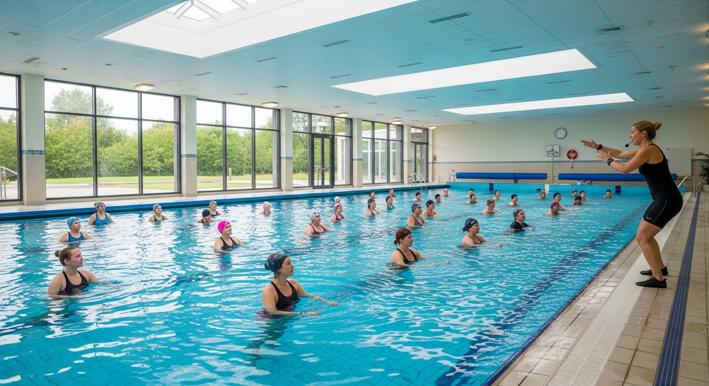 A diverse group of cheerful adults of various ages and ethnicities participating in an energetic water aerobics class in a bright, sunlit indoor swimming pool facility. The participants are smiling and moving together in synchronized exercise movements, creating gentle splashes in the crystal-clear