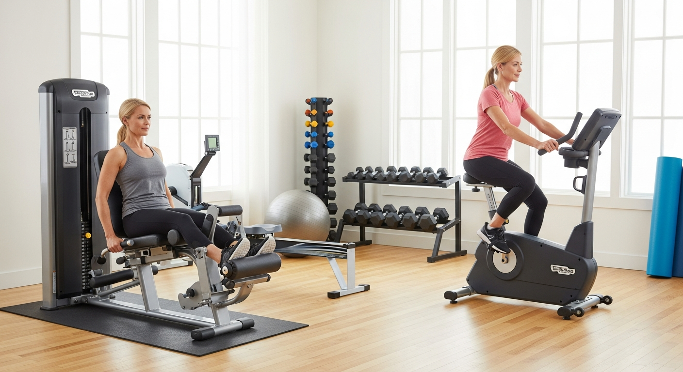 A person performing gentle low-impact exercises in a bright, modern fitness studio, demonstrating knee-friendly movements like seated leg extensions and stationary bike cycling. The individual shows proper form with controlled, smooth motions that emphasize joint protection, surrounded by supportive