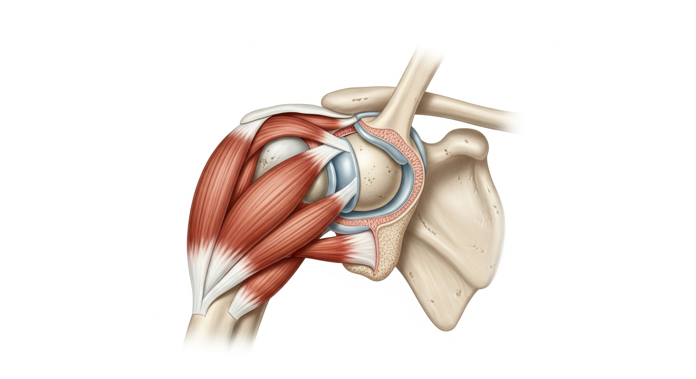 A detailed medical illustration showing the human shoulder anatomy in cross-section, featuring the ball-and-socket joint structure with surrounding muscle groups rendered in soft anatomical colors. The image displays the intricate network of tendons and muscles that support shoulder movement, with p