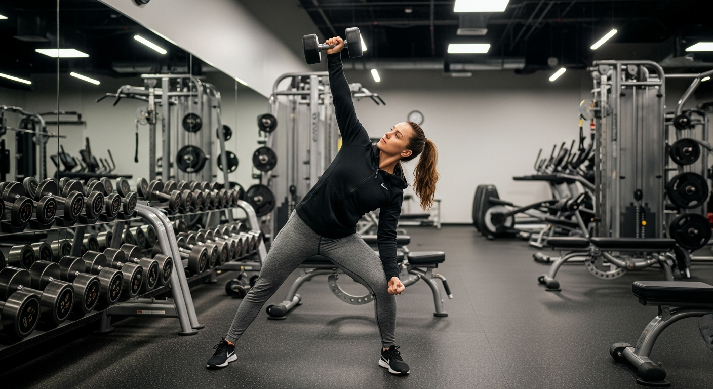 A fit person in athletic wear performing a single-arm angled pressing exercise in a modern gym setting, demonstrating proper form with one arm extended upward at a diagonal angle while maintaining a stable stance. The scene shows clean gym equipment and good lighting, capturing the controlled moveme