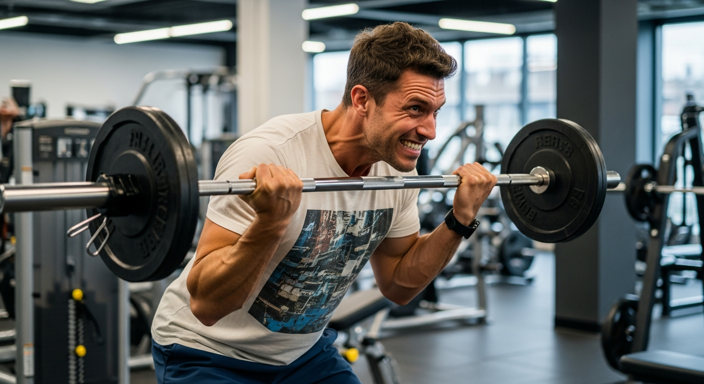 A person in a modern gym performing an upright row exercise with poor form, grimacing in discomfort as they lift a barbell toward their chin with their shoulders internally rotated and elevated. The individual's shoulder joint appears compressed and strained, with visible tension in their neck and u