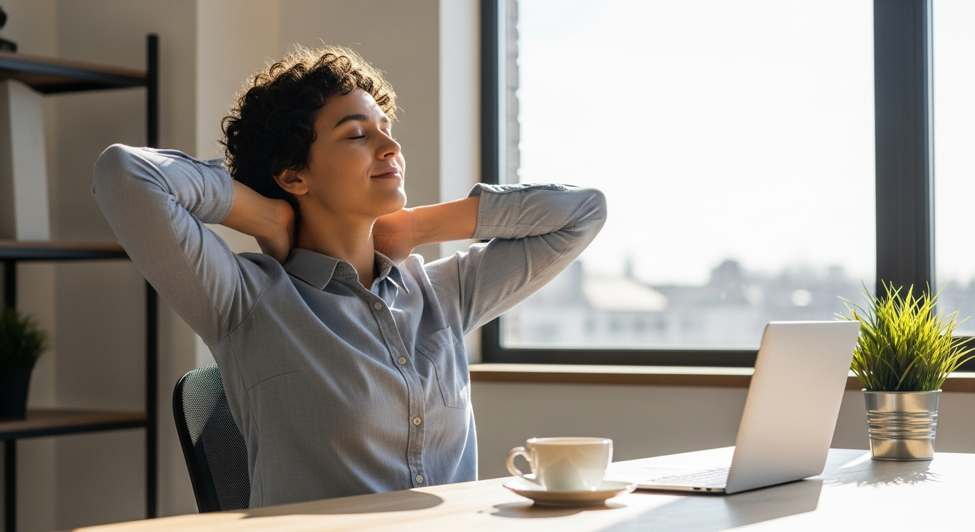 A cheerful person with excellent posture sits at a modern wooden desk in a bright, well-lit office space, displaying a warm, genuine smile while performing a gentle neck stretch exercise. They're wearing comfortable business casual clothing, with their head tilted slightly to one side in a controlle