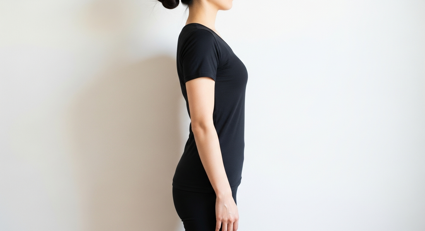 A person standing sideways against a clean white wall demonstrating proper posture alignment, with their back straight and head positioned correctly. The figure shows good spinal alignment with shoulders relaxed and chin in a neutral position. The scene is captured in soft, natural lighting with a m
