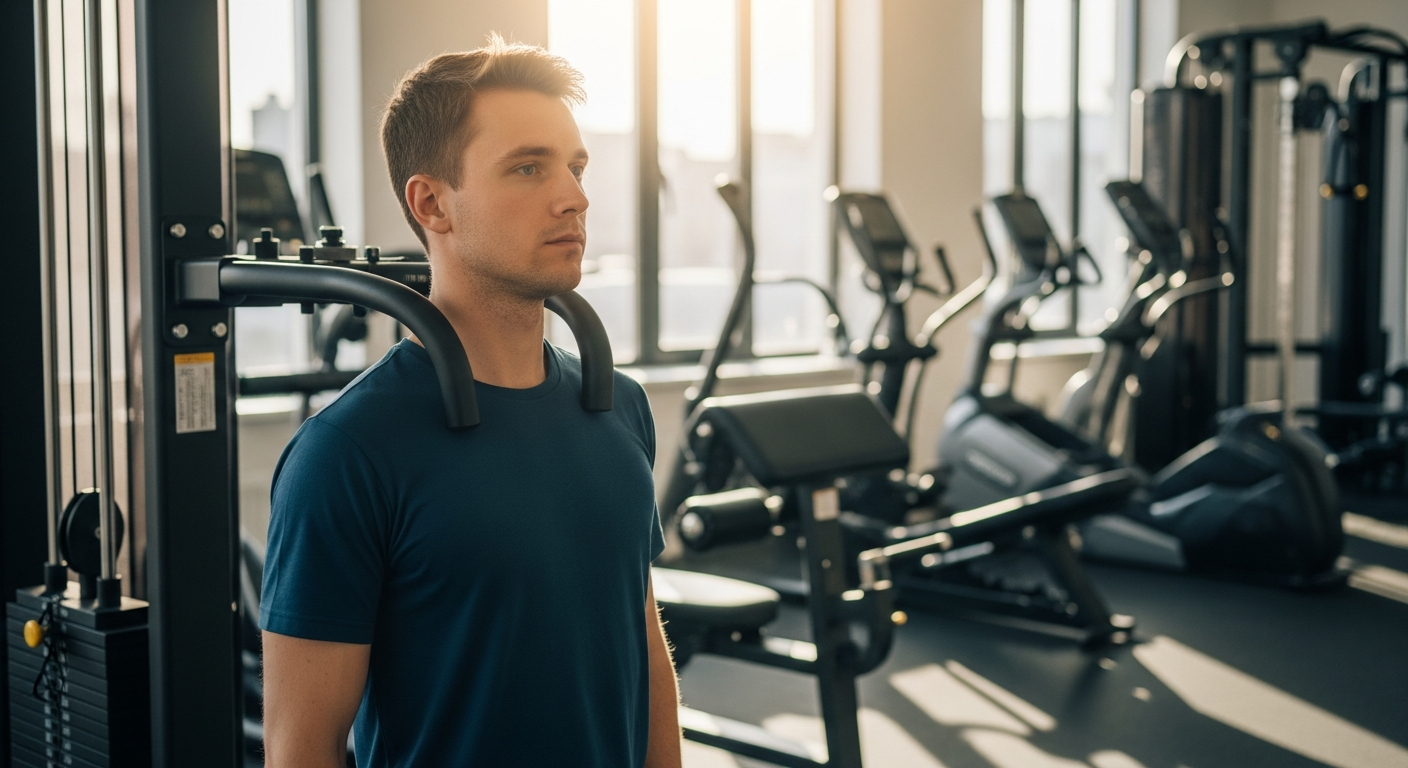 A peaceful fitness demonstration showing a person in athletic wear performing a gentle neck strengthening exercise in a bright, modern gym setting. The individual is seated upright with proper posture, hands positioned behind their head in a supportive manner, demonstrating the starting position for