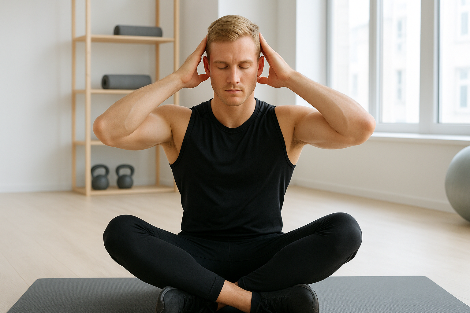 A person in athletic wear performing neck strengthening exercises in a bright, modern fitness studio, demonstrating proper form while doing neck resistance movements with their hands providing gentle resistance against their head. The individual is seated on a yoga mat with good posture, engaging in