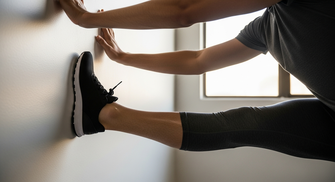 A fit athlete in athletic wear performing a calf stretch against a smooth wall, with one leg extended back and hands pressed against the surface. The camera focuses on the lower leg muscles and proper stretching form, capturing the tension in the calf muscle and the athlete's focused posture. Soft n
