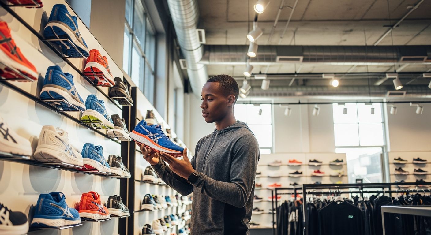 A focused athlete in athletic wear examining various colorful running shoes displayed on wall shelves in a bright, modern specialty footwear store. The person is holding one shoe up to inspect its design and construction, with rows of sneakers in vibrant colors like blue, red, and white visible in t