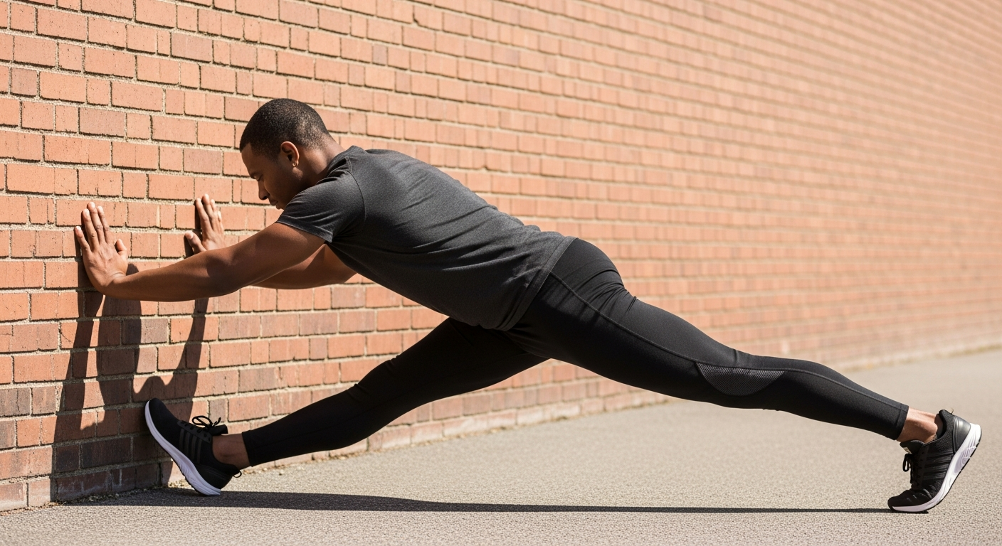 A fit athlete in athletic wear leaning forward against a brick wall in a bright outdoor setting, with one leg extended behind them in a classic calf stretching position. The person demonstrates proper stretching form with hands pressed flat against the wall, back leg straight, and heel firmly plante