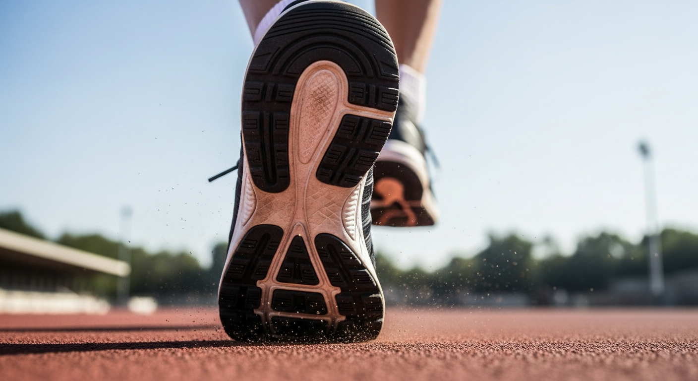 A close-up dynamic shot of a runner's foot striking the ground during mid-stride, captured from a low angle showing the natural inward rolling motion of the foot upon landing. The image displays the foot's arch and plantar region in detail as it makes contact with the pavement or running track surfa