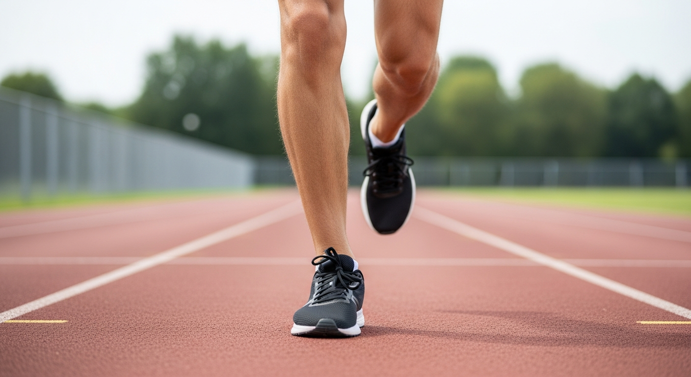 A focused runner in athletic gear demonstrating proper running form on a track or trail, with detailed view of their foot strike showing correct plantar foot positioning and biomechanics. The scene captures the runner mid-stride with emphasis on the lower leg and foot placement, showcasing healthy r