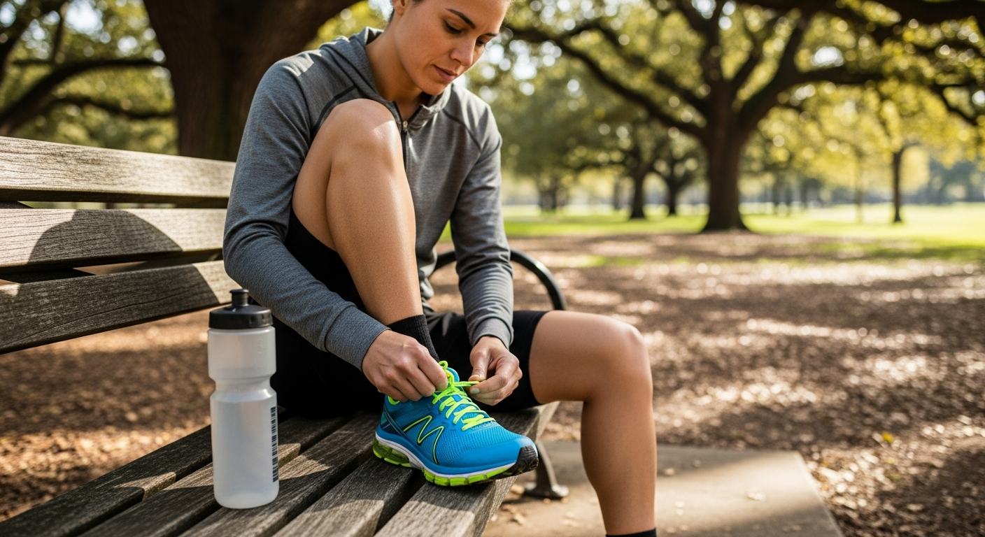A dedicated athlete sitting on a park bench, carefully tying the laces of a well-cushioned athletic running shoe, with morning sunlight filtering through nearby trees. The runner wears comfortable athletic wear and displays focused concentration while preparing for their workout. The scene captures 