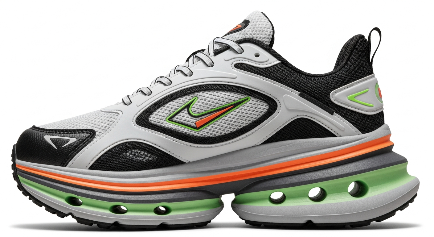 A detailed side profile view of a modern athletic running shoe featuring an exceptionally thick, cushioned sole with multiple layers of foam padding. The shoe displays a sleek contemporary design with breathable mesh upper material, supportive overlays, and a distinctive oversized midsole that empha