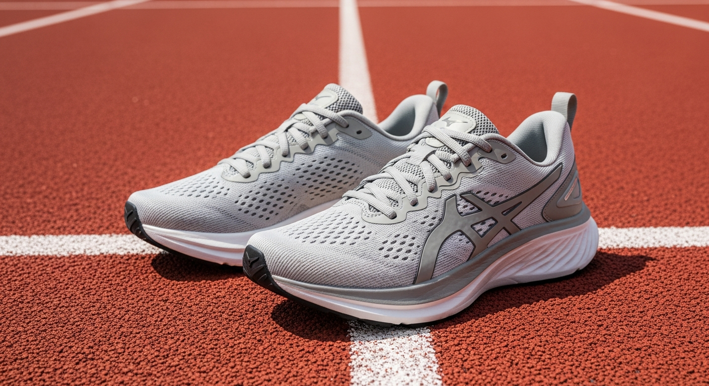 A pair of sleek modern running shoes with breathable mesh uppers and cushioned midsoles, positioned on a red synthetic running track with white lane markings. The athletic footwear features a contemporary design with neutral color scheme, sitting against the textured surface of a professional outdoo
