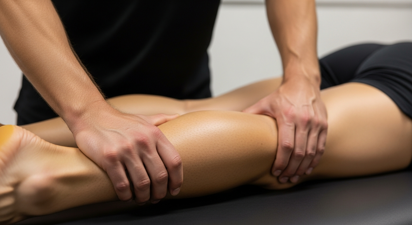 Close-up view of a healthcare professional's hands gently applying therapeutic pressure to an athlete's lower leg muscle. The scene shows skilled manual therapy techniques being performed on a runner's calf, with focused lighting highlighting the precise hand positioning and gentle stretching motion