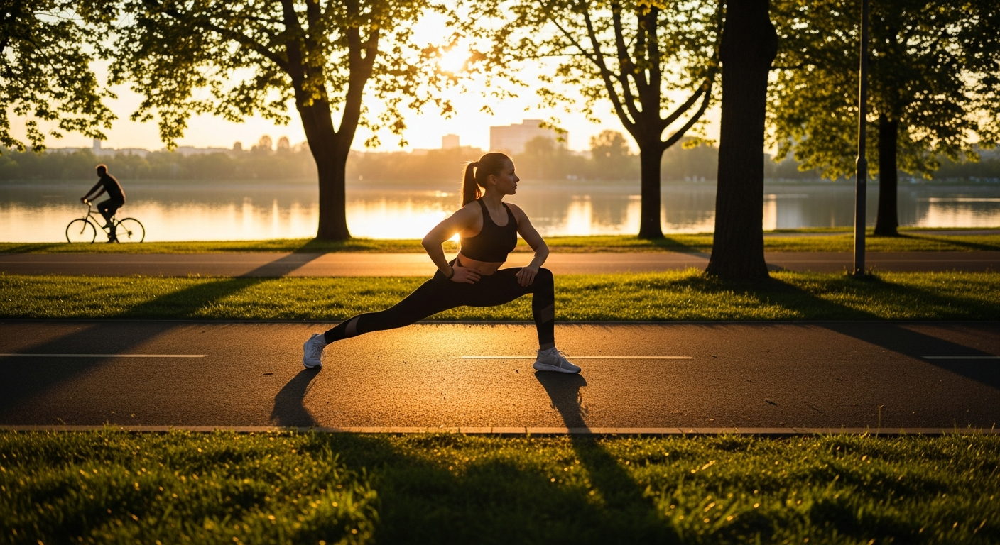 A fit person in athletic wear performing dynamic leg stretches on a paved path, with one leg extended forward in a deep lunge position. The scene is set in a peaceful urban park during golden hour sunrise, with soft warm light filtering through tall trees creating dappled shadows on the ground. In t