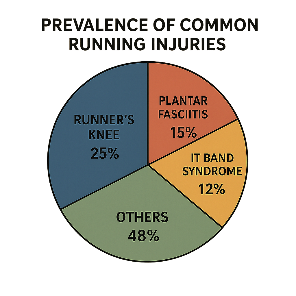 Pie chart illustrating the prevalence of common running injuries, with slices for Runner's Knee (25%), Plantar Fasciitis (15%), IT Band Syndrome (12%), Shin Splints (10%), Achilles Tendinitis (10%), and Other (28%)