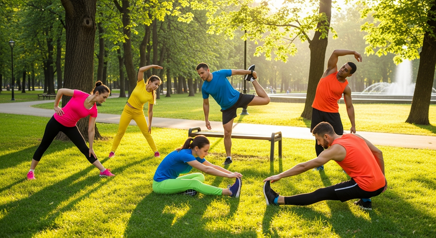 A diverse group of athletic people in colorful running attire performing stretching exercises together on lush green grass in a beautiful public park. The scene captures warm golden sunlight filtering through tall leafy trees, creating dappled shadows on the ground. The runners display various stret