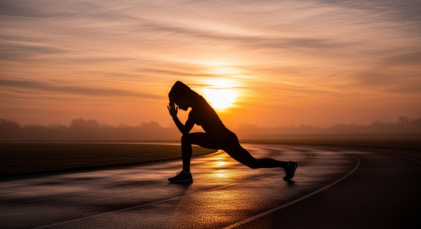 A dedicated athlete in athletic wear performing a deep stretching routine on a curved running track, with golden sunrise light streaming across the horizon behind them. The scene captures the peaceful early morning atmosphere with soft warm lighting illuminating the runner's silhouette against the e