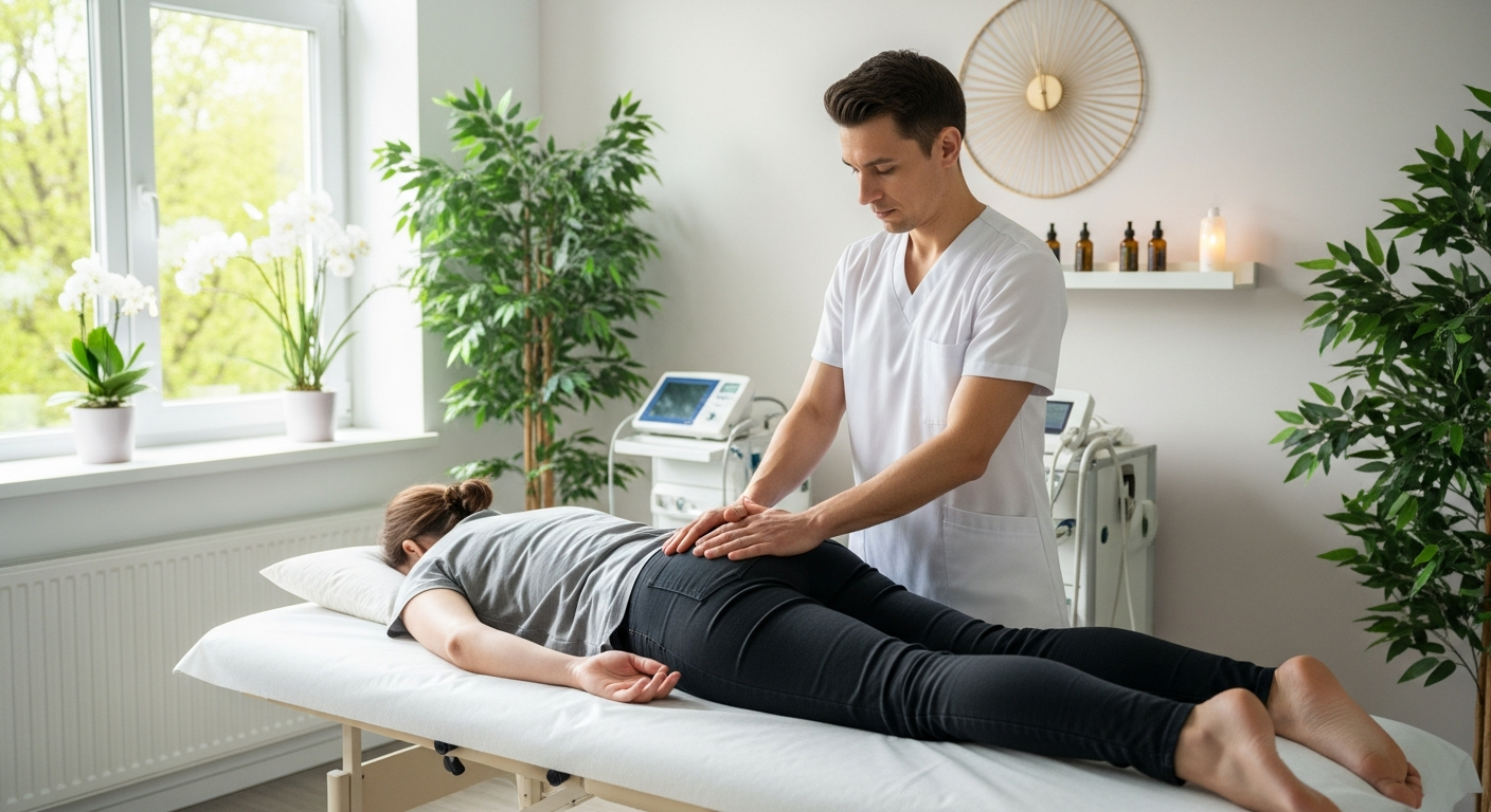 A professional healthcare practitioner in a clean, modern medical office gently positioning their hands on a patient's lower back area. The patient lies comfortably face-down on a padded treatment table, wearing casual clothing. Soft natural lighting illuminates the serene clinical environment with