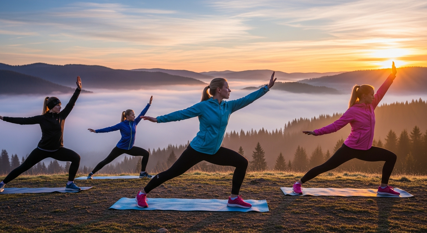 A fit athlete in athletic wear performing a deep leg stretch beside a winding mountain trail, bathed in the warm golden light of early morning sunrise. The person displays focused concentration and physical wellness, with rolling hills and forest vegetation creating a peaceful backdrop. Soft morning