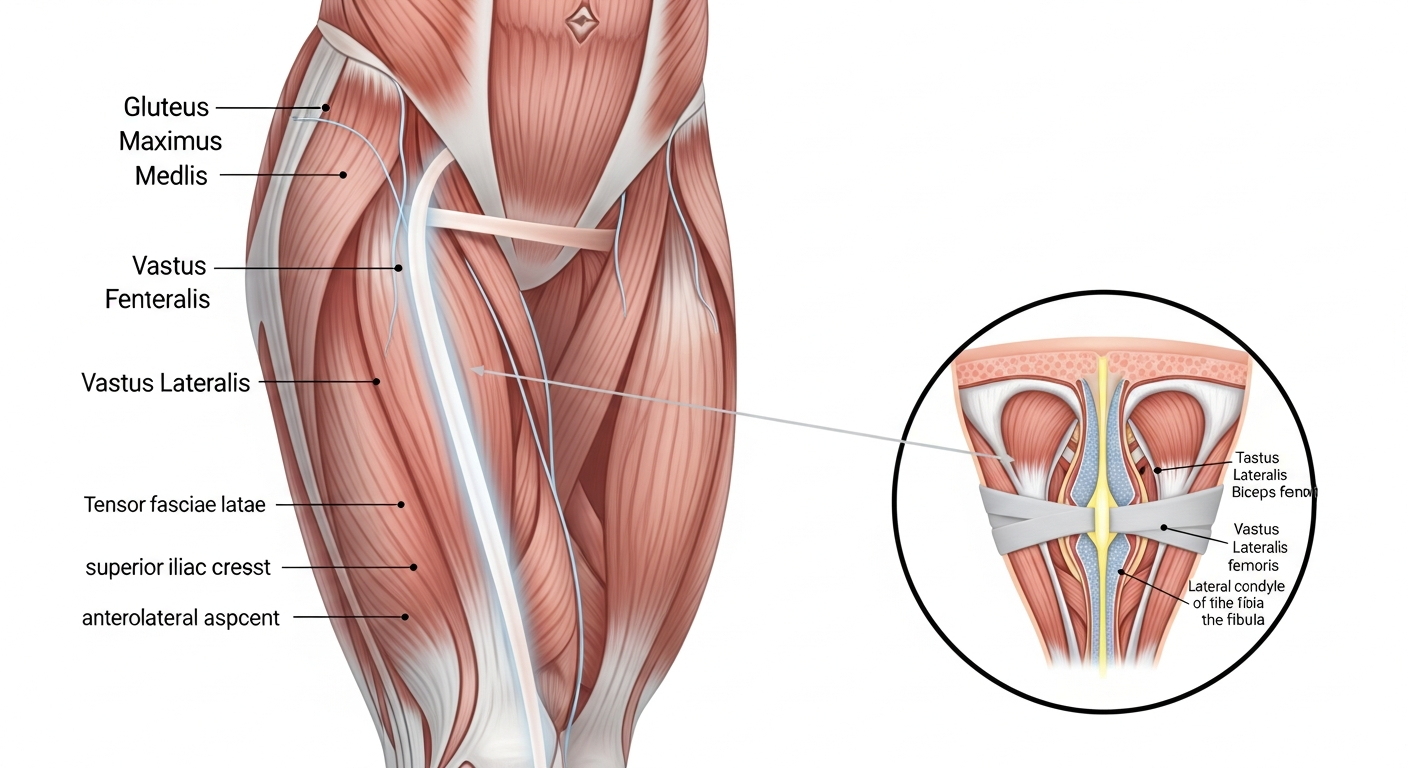 A detailed anatomical illustration of a human leg showing the lateral side from hip to knee, with a highlighted fibrous band running along the outer thigh. The image displays clean medical illustration style with soft colors, showing the muscular structure and connective tissue pathway in cross-sect