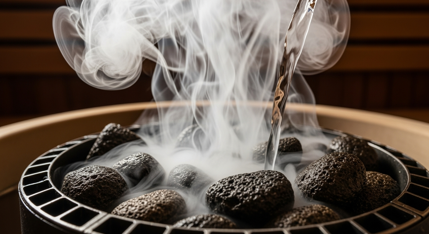 Close-up view of clear water cascading over heated volcanic stones in a wooden sauna, creating billowing white steam that rises dramatically in the warm, dimly lit environment. The smooth, dark stones glisten with moisture as vapor swirls upward, capturing the peaceful, therapeutic atmosphere of a t