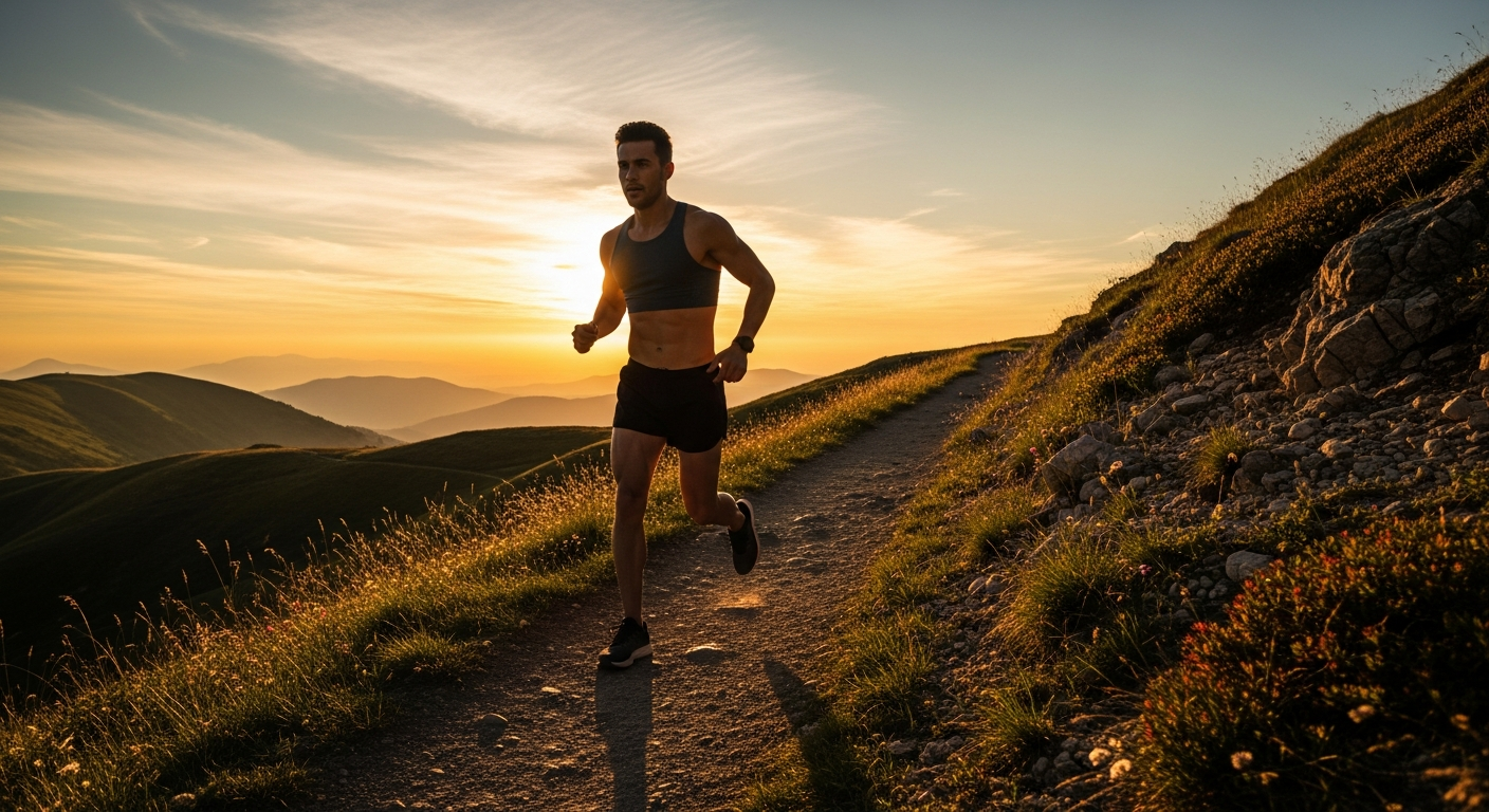 A fit athletic person running on a scenic mountain trail during golden hour, their face showing determination and focus as they stride forward with perfect form. The warm sunlight creates a dramatic backlit silhouette, casting long shadows on the dirt path while highlighting the runner's strong post