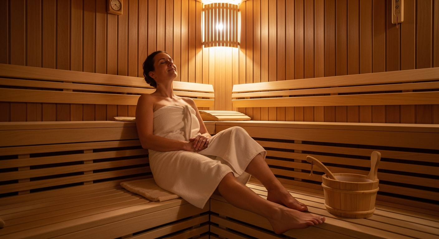 A person sitting peacefully in a beautifully crafted wooden sauna with warm, honey-colored cedar or pine panels lining the walls and benches. Soft, ambient lighting creates a cozy, therapeutic atmosphere with gentle shadows dancing across the natural wood grain. The individual appears relaxed and se