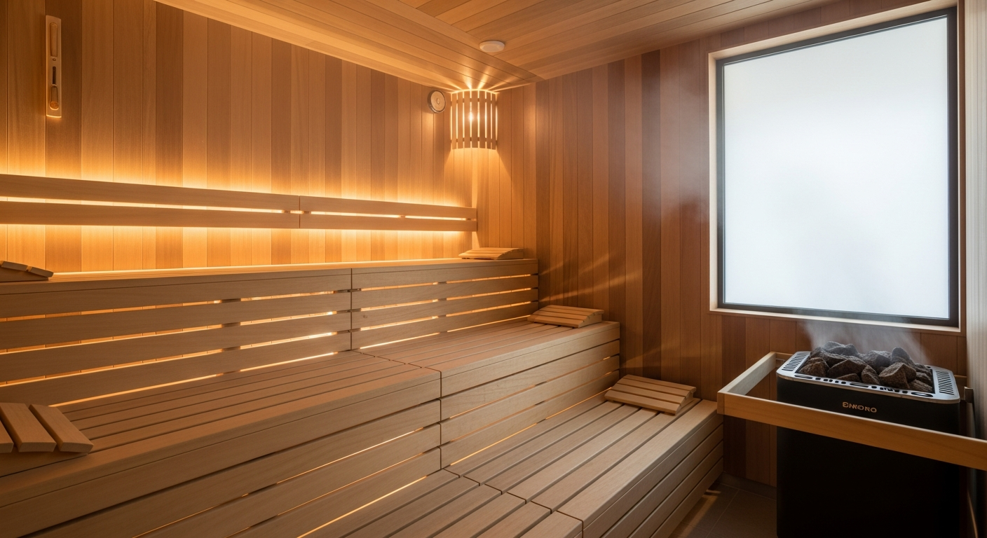 A tranquil modern sauna interior featuring warm, honey-colored wooden benches arranged in tiers against smooth timber walls. Soft, ambient lighting casts a gentle glow throughout the space, creating peaceful shadows and highlighting the natural wood grain textures. Steam gently rises in the air, cre