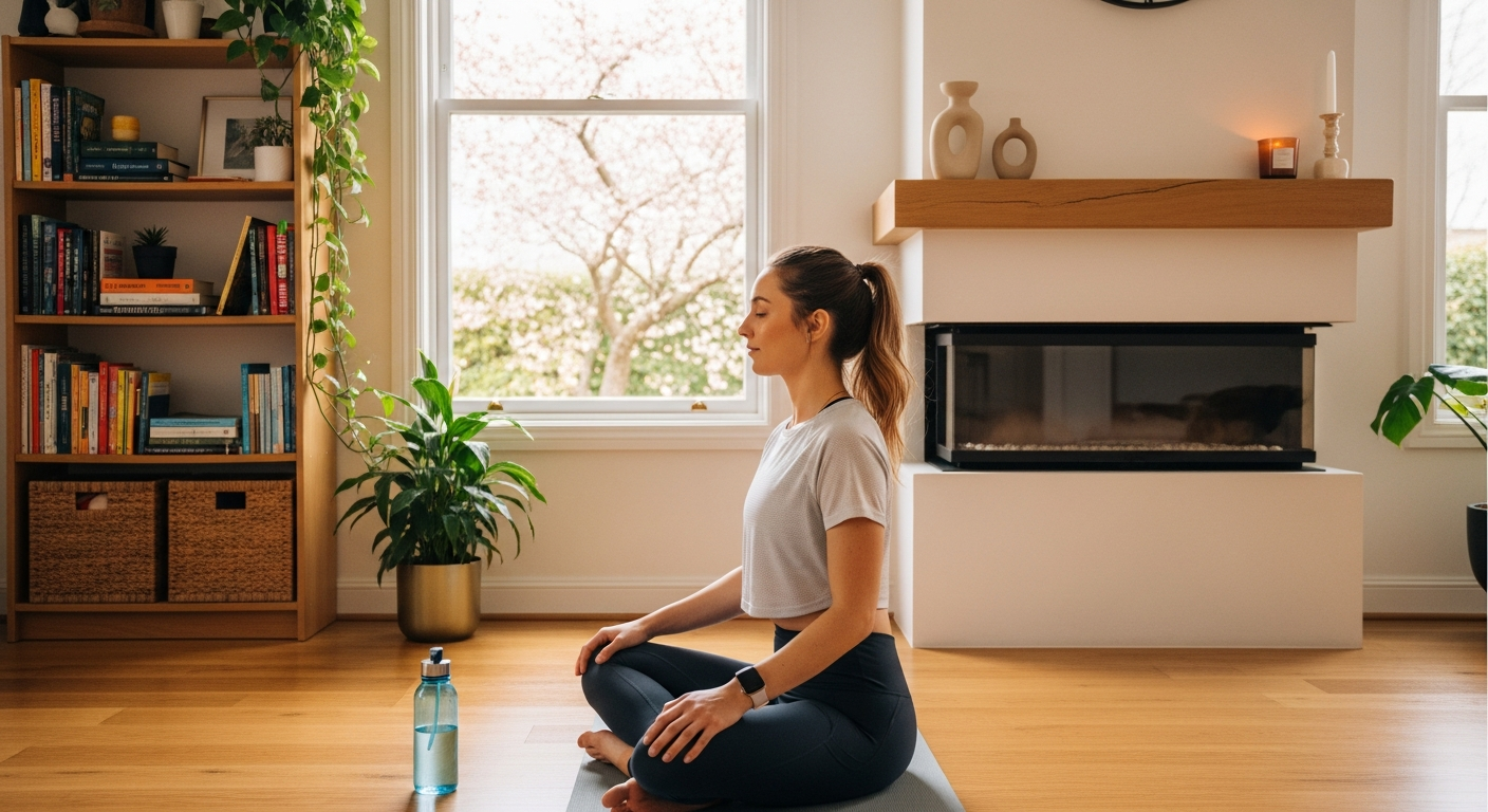 A mature woman in her late forties performing a strength training workout in a bright, welcoming home environment, holding a pair of lightweight dumbbells with proper form. Her face shows concentration and determination, with a subtle smile reflecting her positive attitude toward fitness. The settin