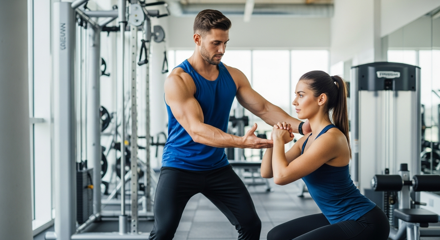 A fit personal trainer in athletic wear demonstrating proper squat form to a woman in a bright, modern gym setting. The trainer stands beside her with encouraging posture, hands positioned to guide her movement, while the woman focuses on her technique with bent knees and straight back. The scene ca