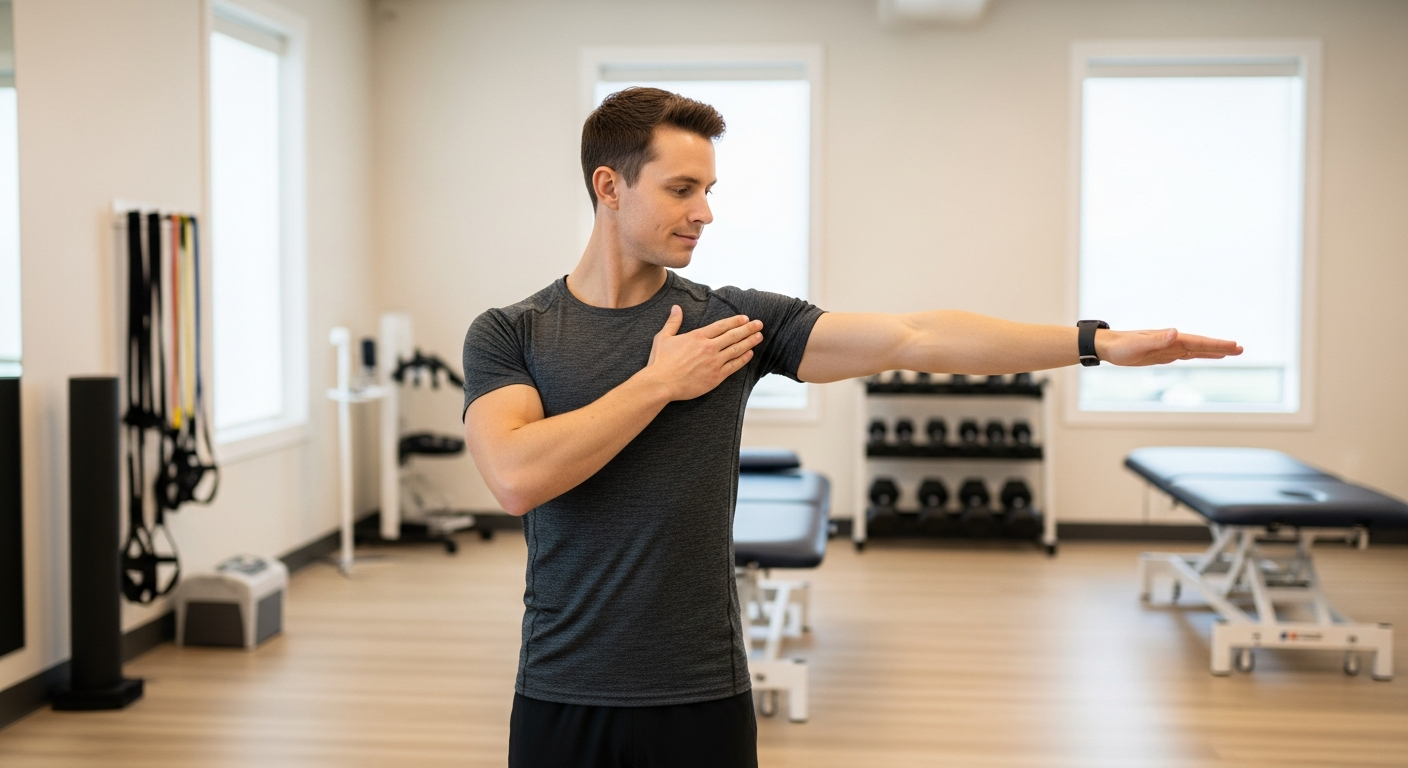 A fitness professional or physical therapist demonstrating proper shoulder rehabilitation techniques in a bright, modern clinical or gym setting, carefully positioning their arm to show correct shoulder blade alignment and joint positioning. The person wears athletic clothing and maintains precise form while performing gentle shoulder mobility exercises, with their shoulder anatomy naturally highlighted through deliberate, controlled movements. Soft, even lighting illuminates the shoulder region and upper torso, emphasizing proper posture and muscle engagement in a clean, professional environment designed for therapeutic exercise instruction.