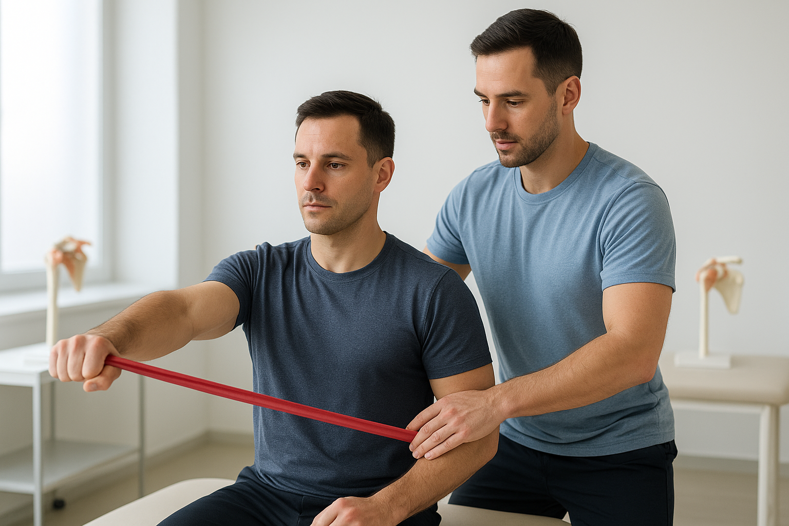 A fitness trainer demonstrating proper shoulder rehabilitation exercises in a bright, modern physical therapy clinic, with anatomical shoulder models visible on nearby tables. The trainer is guiding a patient through gentle rotator cuff strengthening movements using resistance bands, showing correct form while avoiding harmful overhead positions. Soft, clinical lighting illuminates the scene as the patient performs controlled arm rotations and external rotation exercises, emphasizing the careful, therapeutic nature of shoulder injury recovery workouts.