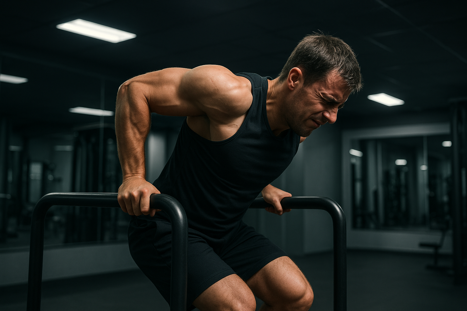 A fitness enthusiast performing triceps dips with visibly incorrect form on parallel dip bars in a modern gym setting, showing rounded shoulders, excessive forward lean, and strained shoulder positioning that demonstrates poor technique. The person's body language conveys tension and discomfort in the shoulder region, with harsh fluorescent lighting casting dramatic shadows that emphasize the problematic body alignment. The gym environment features sleek equipment and mirrors in the background, creating a clinical atmosphere that highlights the contrast between proper exercise execution and the demonstrated poor form that could lead to shoulder injury.