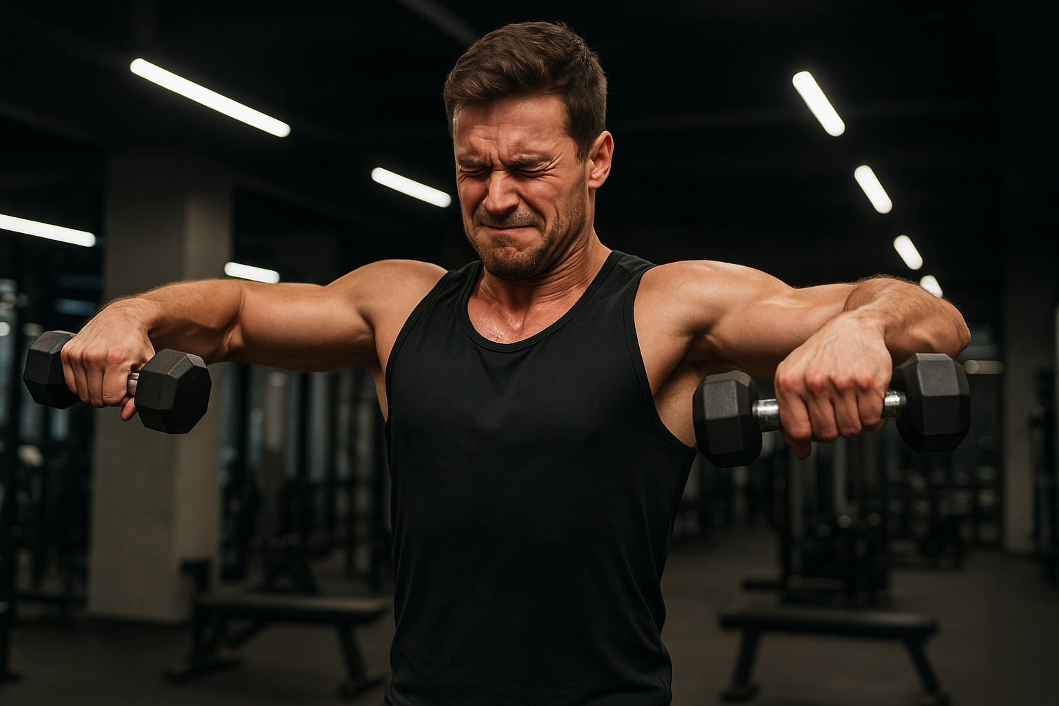 A fitness enthusiast in a modern gym performing lateral raises with improper form, lifting dumbbells with thumbs pointing downward in an internal rotation position that demonstrates poor shoulder mechanics. The person's shoulders are visibly strained as they raise the weights to shoulder height with their thumbs turned down, creating tension in the shoulder joint. The gym environment features professional lighting that highlights the incorrect positioning and potential stress on the shoulder tendons, with other gym equipment visible in the background.