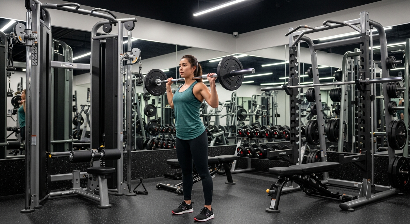 A fitness enthusiast in a modern gym performing an upright row exercise with improper form, showing the problematic shoulder positioning that can lead to tendonitis. The person is gripping a barbell with hands too close together, pulling it up toward their chin with elbows flared high and shoulders internally rotated in a way that demonstrates the shoulder impingement risk. The gym setting features professional equipment, mirrors, and bright overhead lighting that clearly illuminates the strained shoulder mechanics and compressed shoulder joint position that physical therapists warn against for shoulder health.
