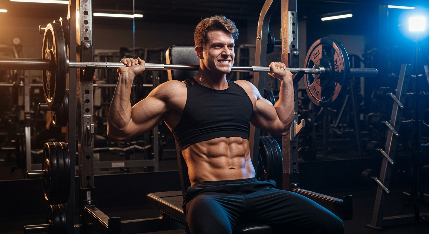 A muscular athlete in a modern gym performing a behind-the-neck shoulder press with a barbell, positioned on a weight bench with their arms extended overhead and the barbell lowered behind their neck, demonstrating potentially problematic shoulder positioning. The scene shows dramatic gym lighting with spotlights creating strong shadows, highlighting the strained shoulder joint angle and the athlete's focused expression of discomfort. The background features typical gym equipment including weight racks and mirrors, with warm amber lighting contrasting against cool blue tones, emphasizing the risky nature of this controversial exercise movement that places excessive stress on the shoulder joint.