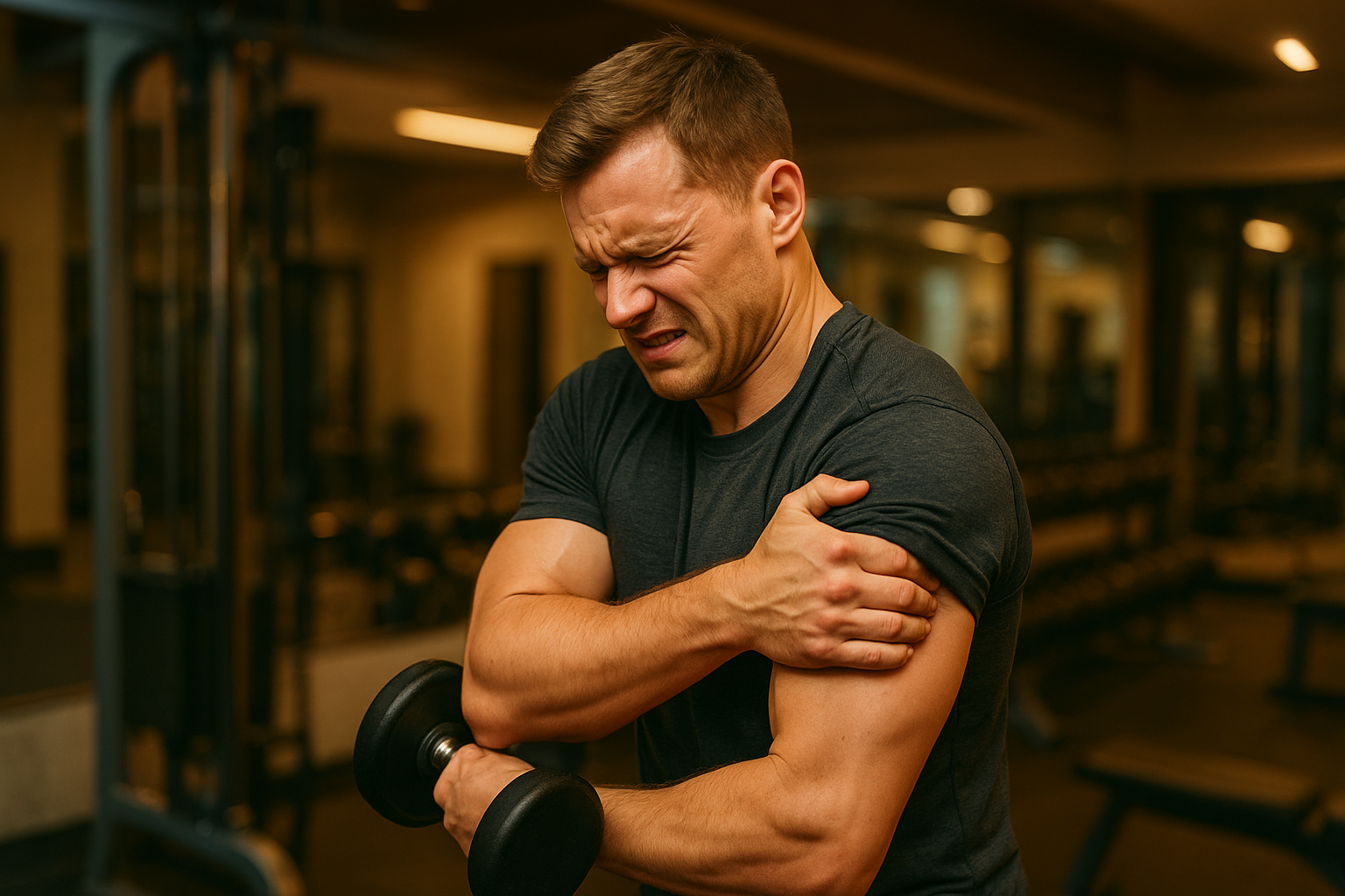 A fitness professional demonstrating improper shoulder exercise form in a modern gym setting, showing internal rotation of the arm that compresses the rotator cuff tendons against the acromion. The person's shoulder is visibly hunched forward with the arm internally rotated, creating visible tension and strain in the shoulder joint area. Warm gym lighting illuminates the incorrect positioning, with exercise equipment and mirrors in the background, capturing the moment that demonstrates how certain movements can worsen rotator cuff impingement through poor biomechanics.
