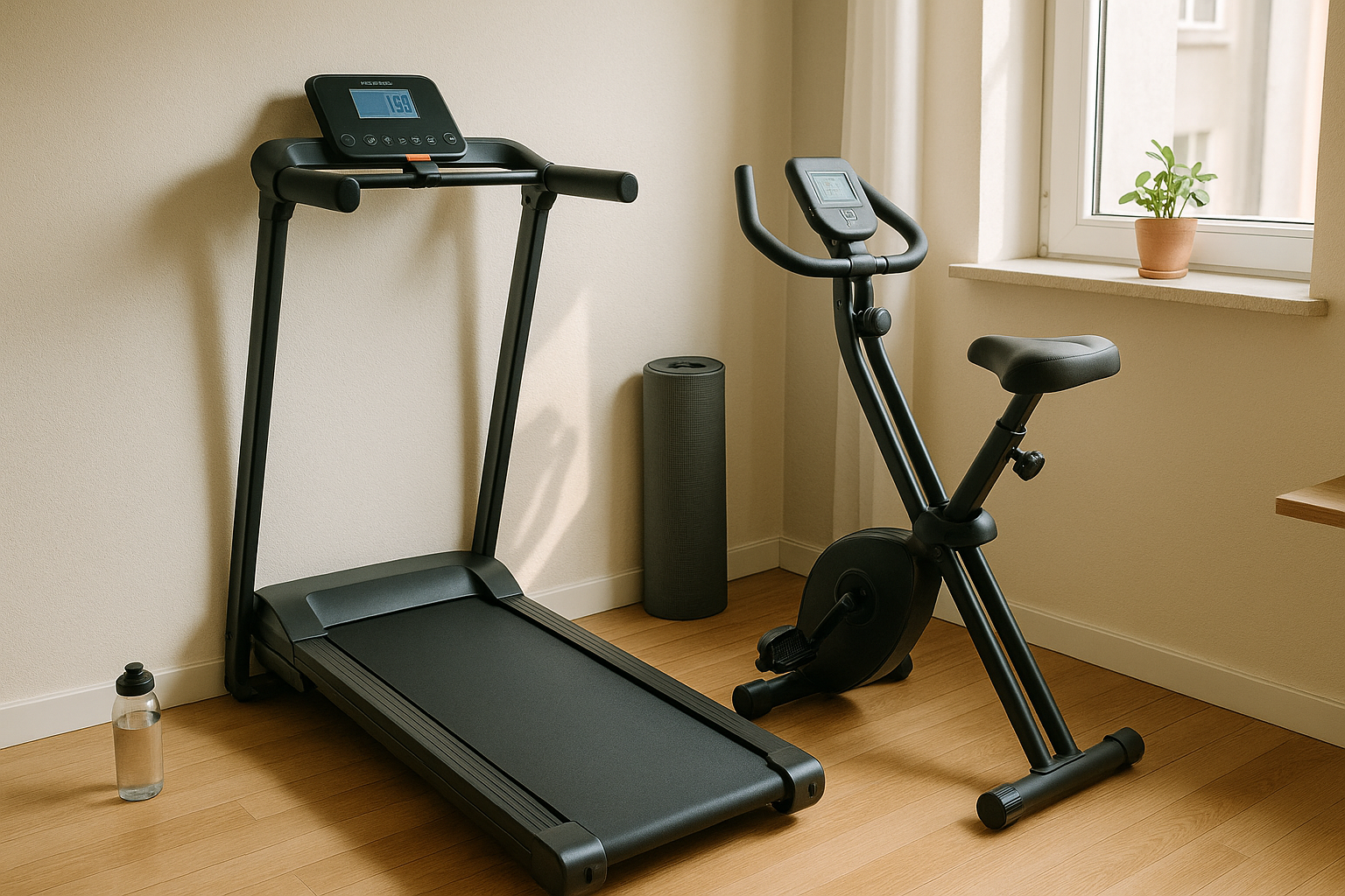 An authentic Instagram-style photo of a modern home gym setup in a compact living space, captured with natural lighting like a phone camera. The real-life scene shows a sleek folding treadmill positioned against a white wall in a small apartment room, with a foldable stationary bike visible nearby, both pieces of equipment appearing in their functional state with realistic metallic and rubber textures. The natural daylight streams through a nearby window, creating soft shadows and highlighting the detailed textures of the equipment's digital displays, handlebar grips, and running belt surface. This casual real-world photography captures an authentic everyday moment of a minimalist fitness corner, with the equipment arranged in a way that demonstrates space-saving design, shot as if taken with a smartphone in sharp focus with lifelike colors and proper depth of field. The composition includes subtle details like a yoga mat rolled up in the corner, a water bottle on the floor, and perhaps a small potted plant on a nearby shelf, all photographed in realistic lighting that emphasizes the practical, accessible nature of home fitness equipment for small living spaces.