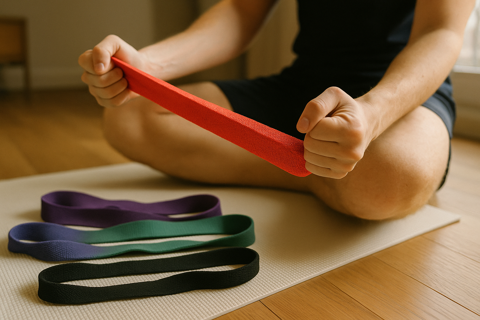 An authentic Instagram-style photo capturing a real-life home workout moment featuring colorful resistance bands in use, shot with natural lighting like a phone camera. The scene shows a person's hands and arms actively stretching a vibrant elastic resistance band during a strength training exercise in a casual home gym setting, with the band visibly taut and showing realistic tension and texture. The composition includes multiple resistance bands of different colors - perhaps purple, green, and black - casually laid out on a light-colored floor or yoga mat, creating an authentic everyday fitness moment. Natural window lighting illuminates the scene from the side, creating soft shadows and highlighting the detailed fabric texture of the bands and the realistic skin tone of the person's arms, with sharp focus on the stretched band in the foreground. The background shows a typical home environment with wooden flooring or carpet, maybe a glimpse of furniture or wall, maintaining that casual real-world photography aesthetic common to TikTok fitness content. The image captures the lightweight, portable nature of the equipment with lifelike detail - showing how the bands can be easily gripped and the natural way they create resistance, photographed as if taken with a smartphone during an actual workout session with authentic everyday moment quality, realistic lighting, and natural colors that emphasize the accessibility and simplicity of home strength training.