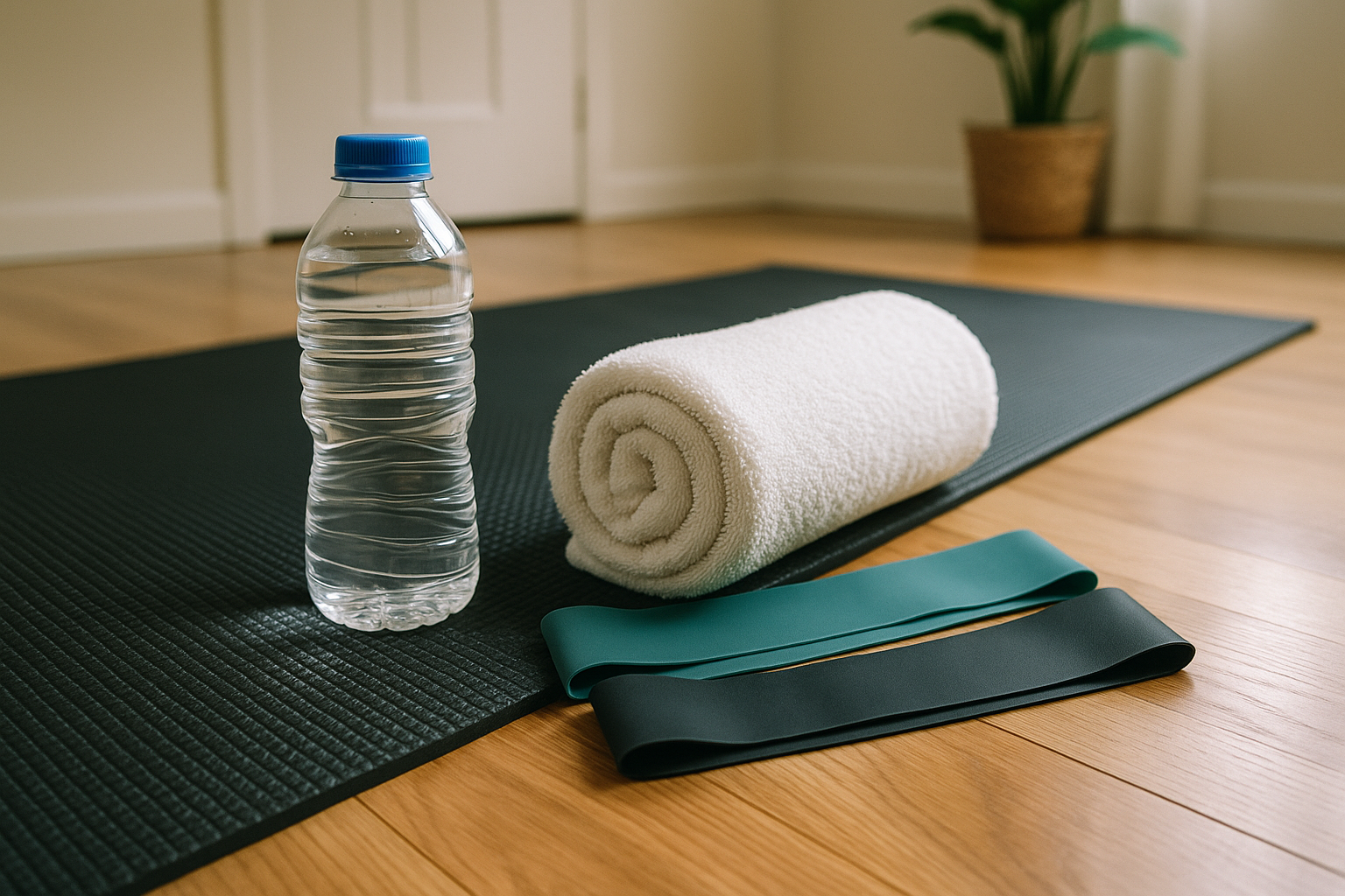 a water bottle, rolled towel, and perhaps resistance bands nearby on the wooden floor, all captured with sharp focus and detailed textures. The natural lighting like a phone camera creates authentic highlights on the mat's surface, emphasizing its quality and grip features, while the background shows a clean, minimalist home interior with white walls and perhaps a potted plant, typical of real-life social media fitness content. The photo has that authentic TikTok real-life photo aesthetic with natural colors, realistic lighting, and the casual composition of someone documenting their genuine home workout routine, showcasing both the mat's practical use and the inviting, hygienic personal workout space it creates.