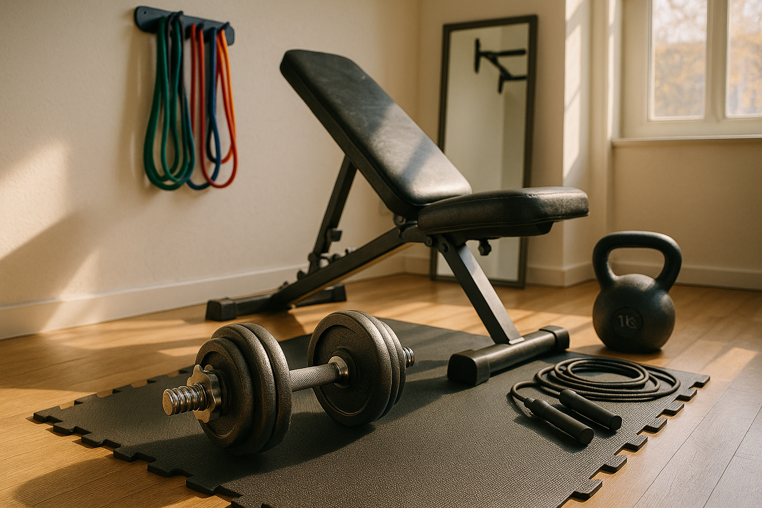Instagram-style photo of a modern home gym setup captured in natural daylight streaming through a nearby window, showcasing popular self-gym equipment arranged in a compact corner of a residential space. The real-life moment features adjustable dumbbells resting on a rubber mat in the foreground with sharp focus and detailed metallic textures, while colorful resistance bands hang neatly on a wall-mounted hook. An adjustable workout bench sits at an angle in the middle ground, its black padding showing authentic wear and realistic leather texture. A sleek kettlebell and a coiled jump rope are casually placed nearby on the floor, creating an authentic everyday fitness scene. The background shows a pull-up bar mounted in a doorway and a full-length mirror leaning against the wall, reflecting natural lighting like a phone camera would capture. The composition has the casual real-world photography aesthetic of TikTok fitness content, with lifelike colors, realistic shadows cast by the equipment, and the slightly imperfect arrangement that makes it feel like an authentic social media post. The space demonstrates practical home gym organization with detailed textures visible on the exercise mat's surface, the grip patterns on the kettlebell handle, and the woven fabric of the resistance bands, all photographed as if taken with a smartphone during a genuine workout preparation moment.