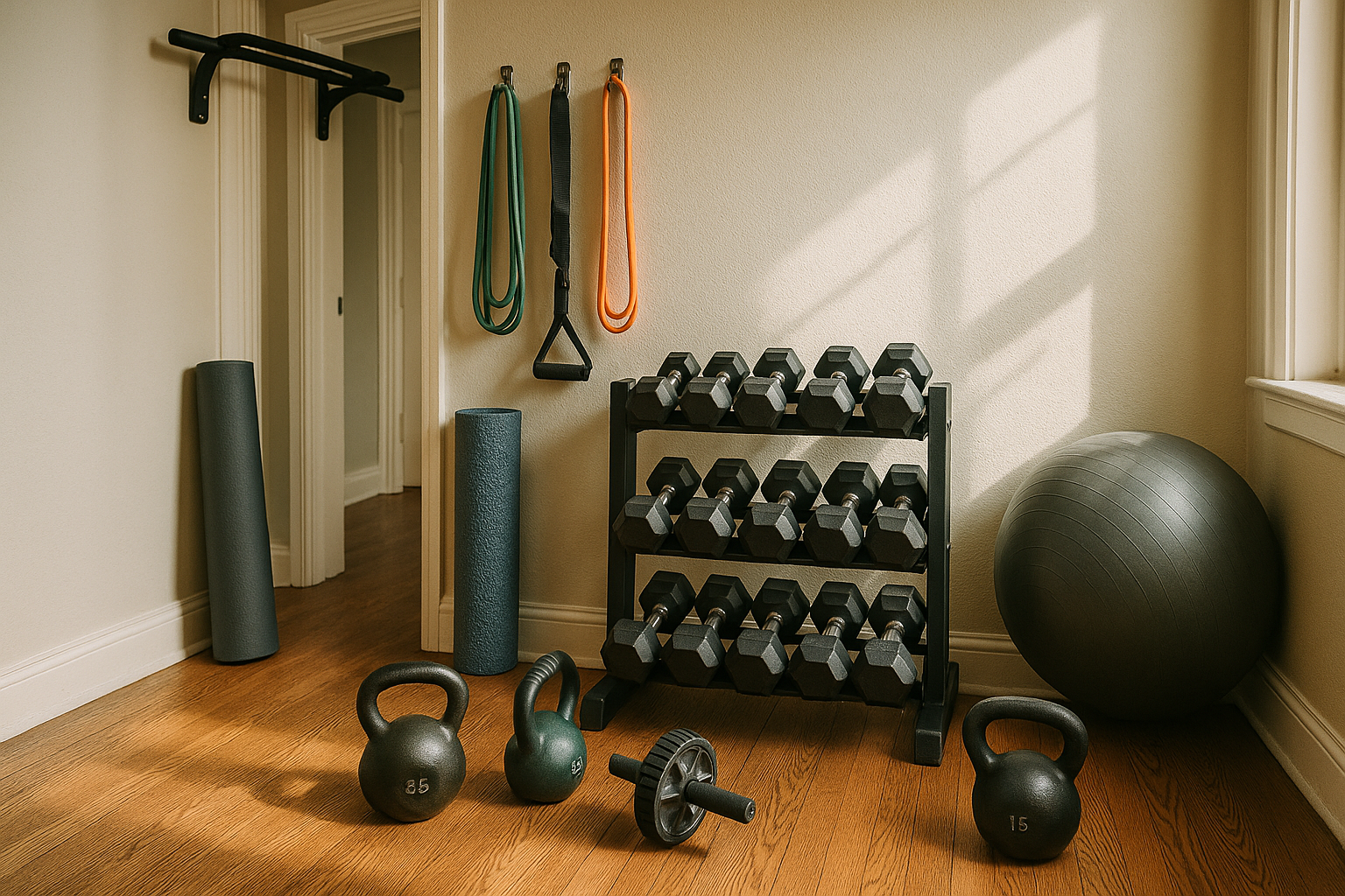 An authentic Instagram-style photo capturing a well-organized home gym space filled with essential fitness equipment arranged in a real residential setting, shot with natural lighting streaming through nearby windows creating realistic shadows and highlights. The scene shows a diverse collection of approximately 25 workout items including dumbbells of various weights lined up on a rack, resistance bands hanging on wall hooks, a yoga mat rolled and propped against the wall, kettlebells positioned on the floor, a foam roller, a pull-up bar mounted on a doorframe, and a stability ball in the corner, all photographed with the casual composition typical of social media fitness posts. The equipment displays authentic wear and realistic textures with detailed surfaces showing metallic finishes on weights, rubber grip patterns on handles, and fabric weave visible on straps and bands, captured with the sharp focus and natural color palette of a smartphone camera. The background reveals genuine home elements like painted walls, wooden flooring with visible grain and natural imperfections, and perhaps a glimpse of a window or doorway, creating the lifelike atmosphere of a real person's converted living space rather than a commercial gym. The lighting has that characteristic quality of natural daylight filtered through home windows, creating soft highlights on the equipment surfaces and gentle shadows that give depth to the scene, exactly as it would appear in a real-life TikTok or Instagram fitness influencer's post. Every detail from the slightly uneven spacing of items to the authentic placement of equipment conveys this is a genuine home workout space photographed in a candid, real-world moment, with the detailed textures and realistic materials clearly visible as if you could reach out and touch them.