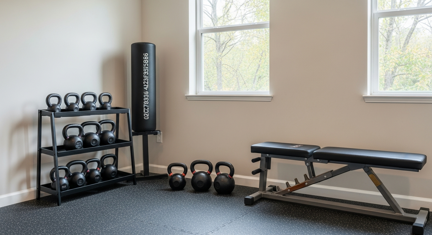 Instagram-style photo of a real-life home gym corner featuring a complete kettlebell set arranged on a textured rubber gym mat, captured with natural lighting streaming through a nearby window creating authentic shadows and highlights. The kettlebells range from small to large sizes, displaying their characteristic cast iron construction with matte black finish and visible wear marks from regular use, positioned in ascending order on the floor with their distinctive curved handles facing forward. The scene includes authentic everyday gym details like a rolled-up yoga mat leaning against the wall, a water bottle with condensation droplets, and a smartphone resting nearby playing workout music, all photographed with the casual composition and depth of field typical of TikTok fitness content. The background shows a minimalist home setting with light-colored walls, hardwood flooring partially covered by the exercise mat, and soft natural morning light creating realistic textures and shadows that emphasize the three-dimensional quality of the equipment. Shot from a slightly elevated angle as if someone is documenting their personal fitness space for social media, with sharp focus on the kettlebells in the foreground while the background gently blurs, capturing that authentic real-world photography aesthetic with natural colors, detailed metal textures showing subtle scratches and patina, and the lived-in quality of actual home workout equipment used by real fitness enthusiasts.