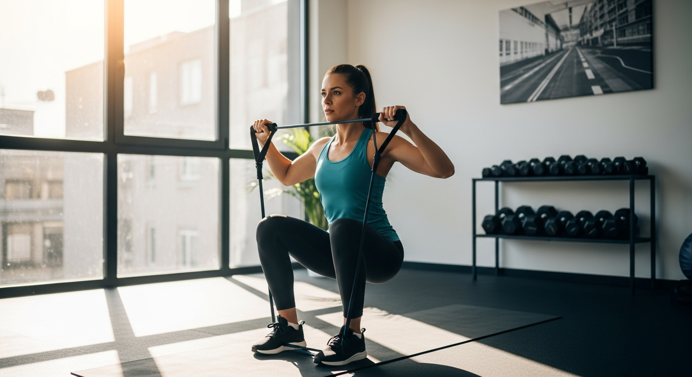 Instagram-style photo of a fitness enthusiast in their home gym space, captured in natural lighting like a phone camera, showing someone actively using colorful resistance bands during a workout session. The real-life moment features a person in athletic wear performing a shoulder or arm exercise with vibrant elastic resistance bands stretched taut, their muscles visibly engaged in the movement. The authentic social media photography captures the casual real-world setting of a home workout area with a yoga mat on the floor, perhaps a water bottle nearby, and natural window light streaming in creating realistic shadows and highlights. The detailed textures show the latex or fabric material of the resistance bands in various colors like red, blue, or black, with the bands' handles clearly visible in the person's grip. The sharp focus TikTok real-life photo aesthetic emphasizes the authentic everyday moment of home fitness, with the subject's concentrated expression and proper form visible, while the background shows typical home elements like walls, flooring, or minimal gym equipment. The lifelike composition captures the scene as if taken with a smartphone from a slightly elevated angle, showing the full context of someone genuinely engaged in their resistance band workout routine with natural colors, realistic lighting, and the candid energy of real social media fitness content.