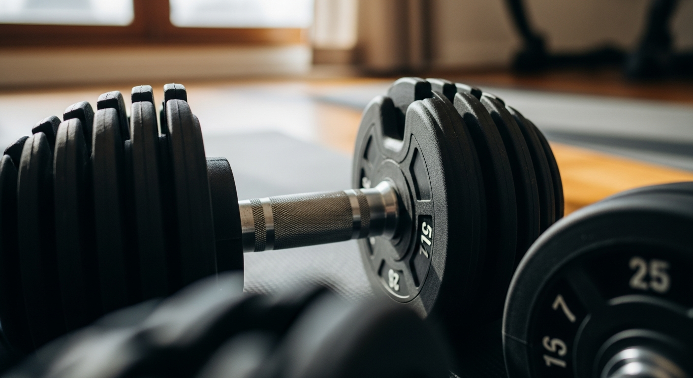 Instagram-style photo of a set of adjustable dumbbells resting on a home gym floor mat, captured in natural morning light streaming through a nearby window. The dumbbells feature a modern design with metallic plates and adjustment dials clearly visible, showing their ability to change weight settings from light to heavy. The photo is taken from a slightly elevated angle, as if someone is about to start their workout, with sharp focus on the textured rubber grip handles and the numbered weight indicators on the sides. In the background, slightly out of focus, you can see wooden flooring and the edge of a yoga mat, creating an authentic home fitness environment. The lighting is realistic and natural, like a phone camera capturing a real-life moment before a morning workout session, with detailed textures showing the wear marks on the grip and the matte finish of the weight plates. The composition is casual yet clear, typical of TikTok fitness content or Instagram workout posts, with natural shadows cast by the equipment and lifelike color tones showing the black and silver metallic surfaces of the dumbbells in their compact, space-saving design.
